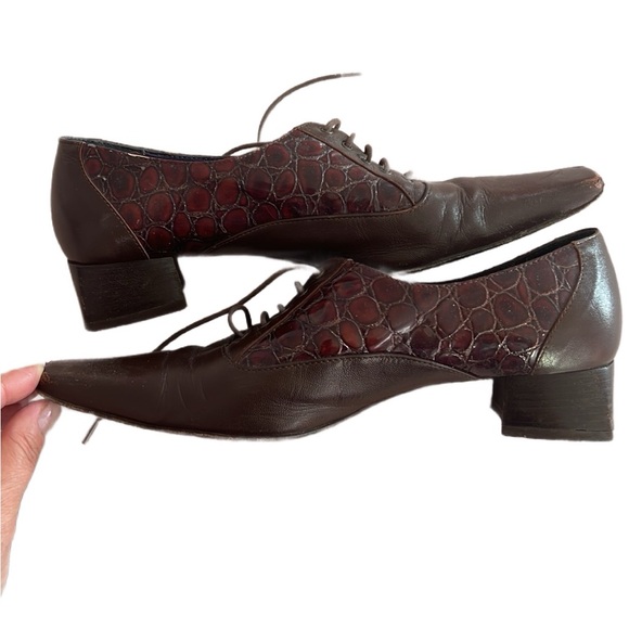 37.5 Made in Italy Leather Shoes Square Toe Low Chunky Heels Laces - Picture 1 of 12